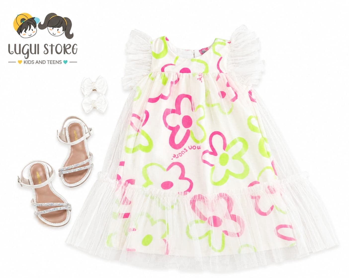 Vestido estampado com tule Mon Sucrê