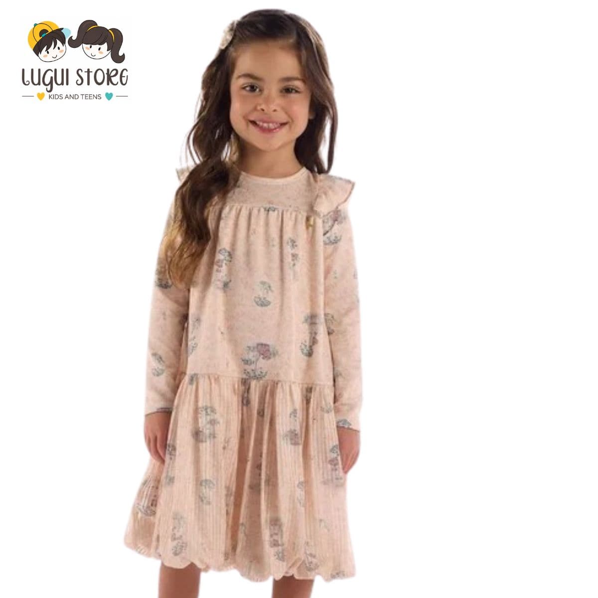 Vestido Balonê Areia Estampado em Algodão Texturizado Kiki Xodó