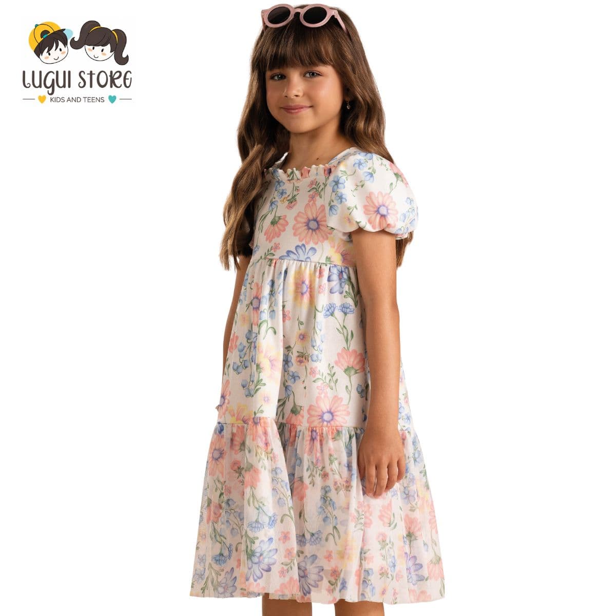 Vestido Infantil estampado flores manga estruturada Kiki Xodó