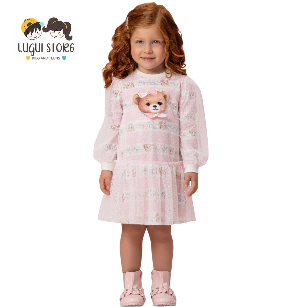 VESTIDO MANGA LONGA ESTAMPA DE URSOS COM SOBREPOSIÇÃO DE TULE POÁ