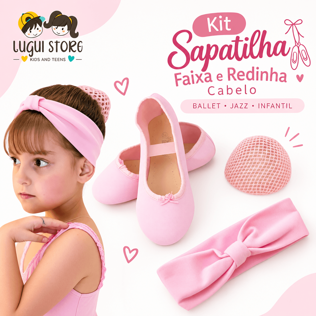 Kit Sapatilha Faixa E Redinha Cabelo Ballet Jazz Infantil