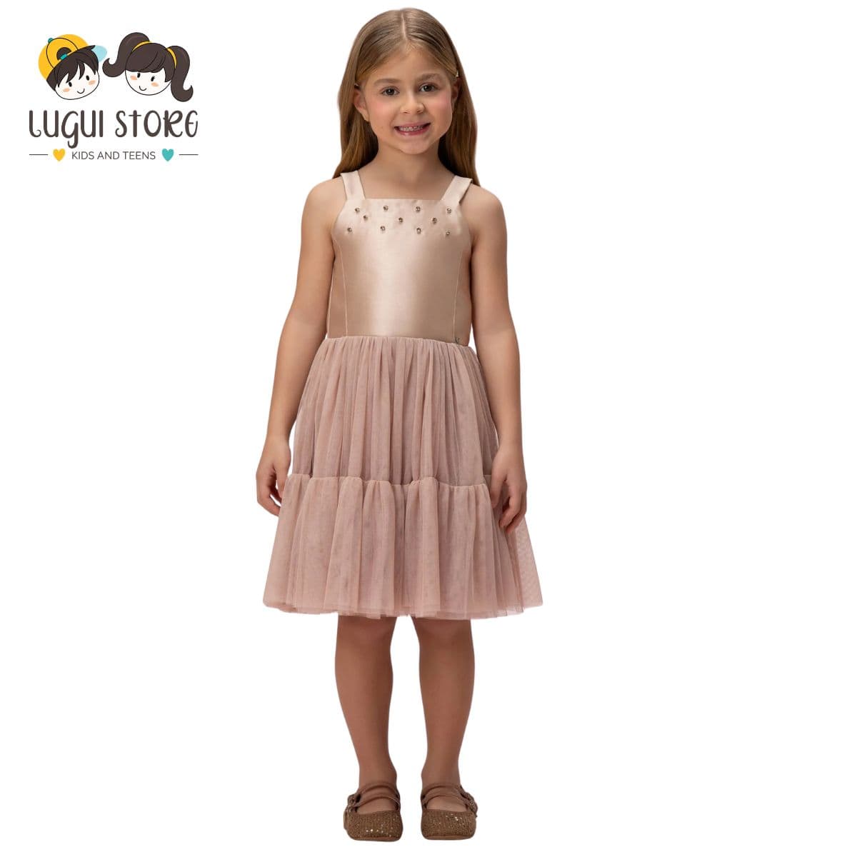 VESTIDO COM APLICAÇÃO PEDRARIAS E SAIA DE TULE PETIT CHERIE
