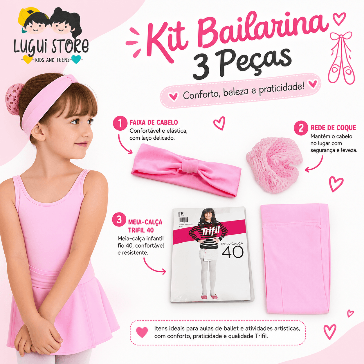 Kit De Ballet Meia Faixa Redinha Coque Infantil Menina