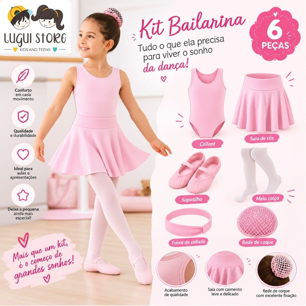 Kit Roupa Ballet Uniforme Infantil Balé Jazz Dança 6pçs