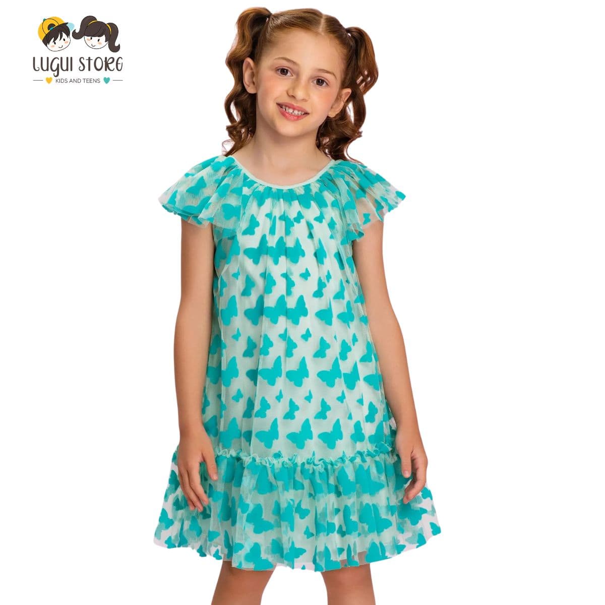 VESTIDO EM TULE COM BORBOLETAS E BABADOS