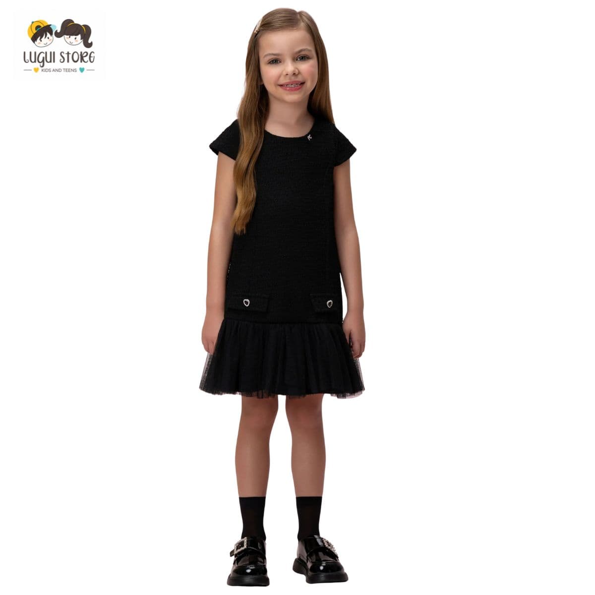 VESTIDO DE TWEED COM BABADOS DE TULE