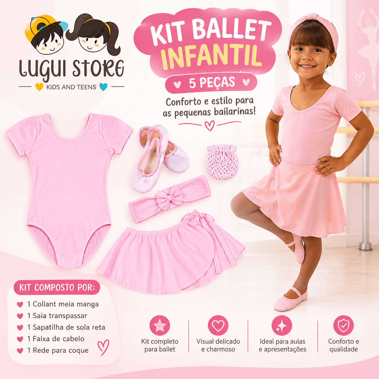 Kit Roupa Ballet Infantil Balé Jazz Dança Uniforme 5pçs