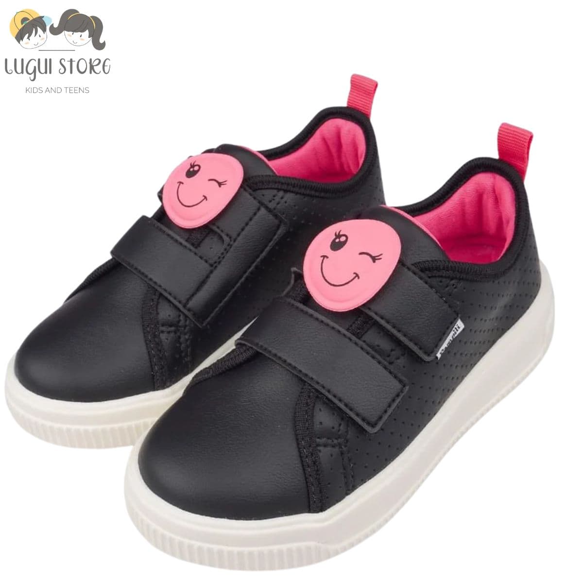 Tênis Infantil Feminino Pampili Luna Smile Patch Carinha Preto e Pink Fluor