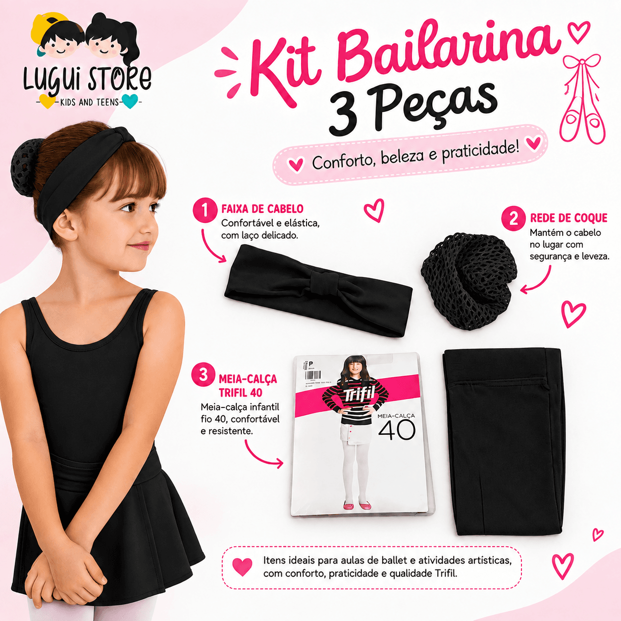 Kit De Ballet Meia Faixa Redinha Coque Infantil Menina