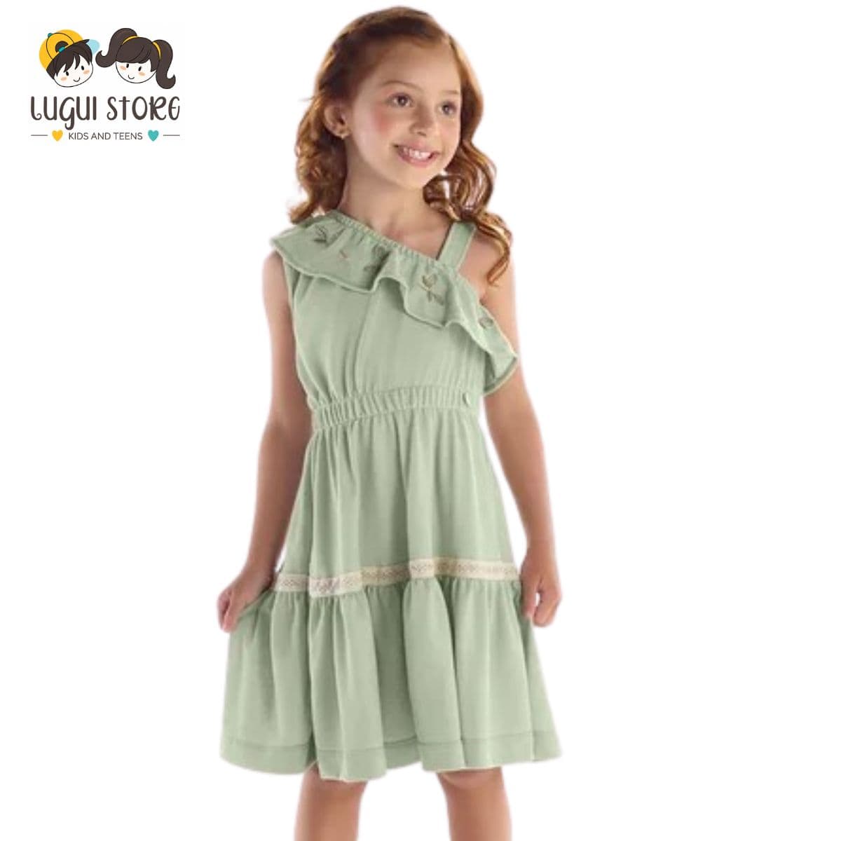 Vestido Infantil Verde em Malha com Textura e Bordado Kiki Xodó