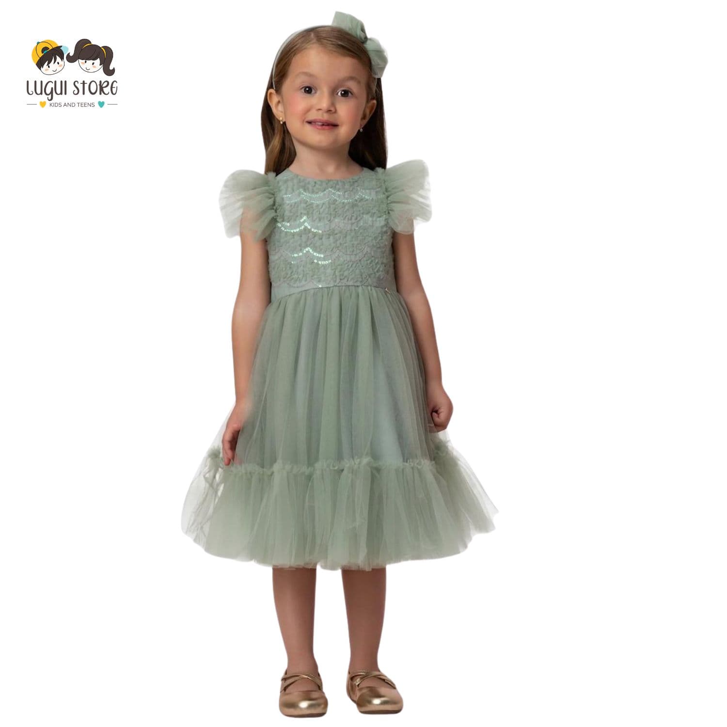 VESTIDO DE FESTA EM TULE COM BORDADO DE PAETÊS