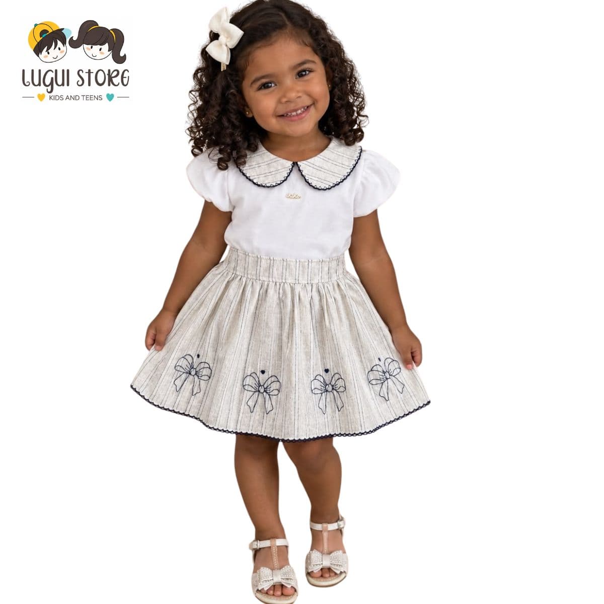 Conjunto Body Gola Bordado e Saia Kiki Xodó