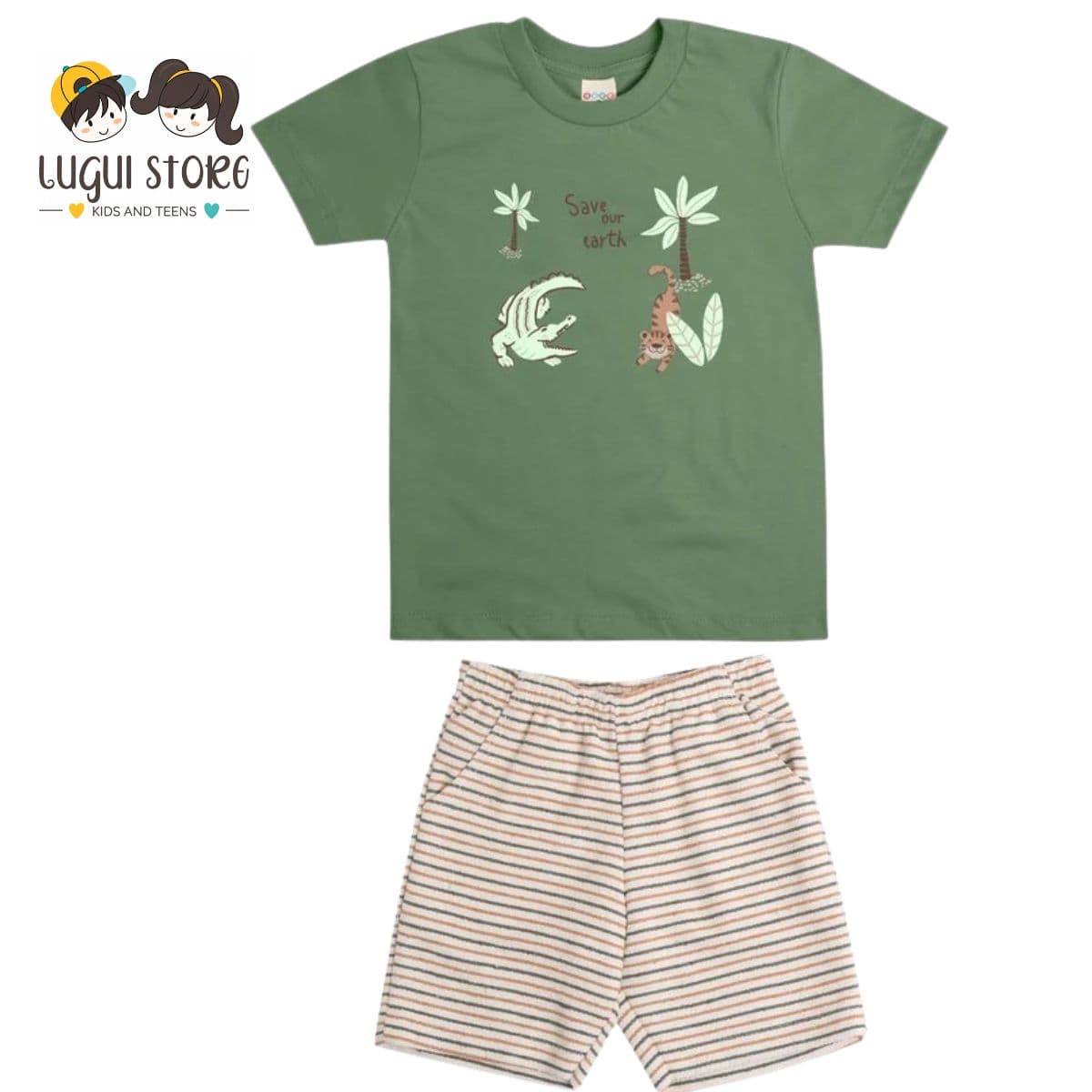 Conjunto Infantil Masculino Have Fun Save Earth Camiseta e Bermuda Moletom Eco