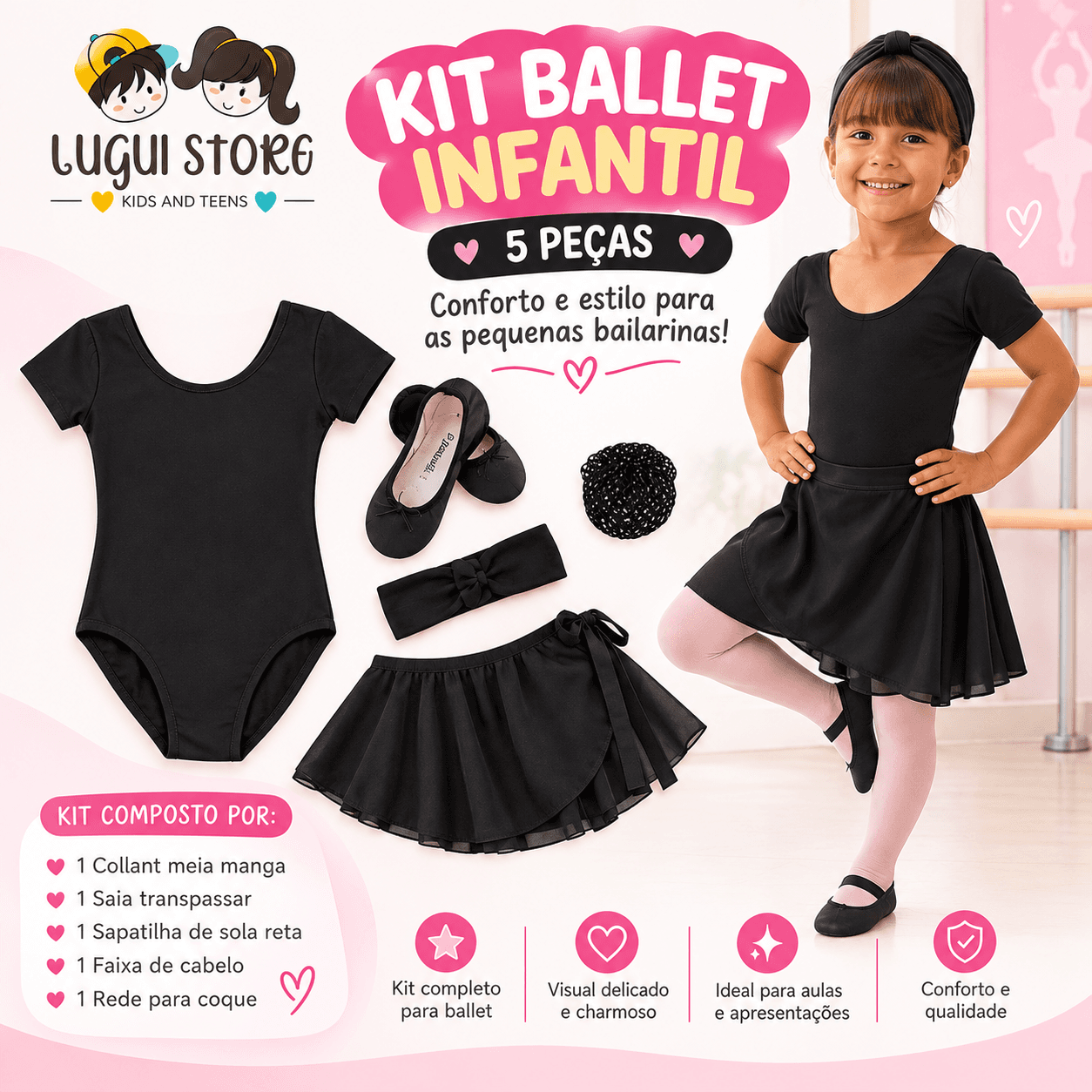 Kit Roupa Ballet Infantil Balé Jazz Dança Uniforme 5pçs