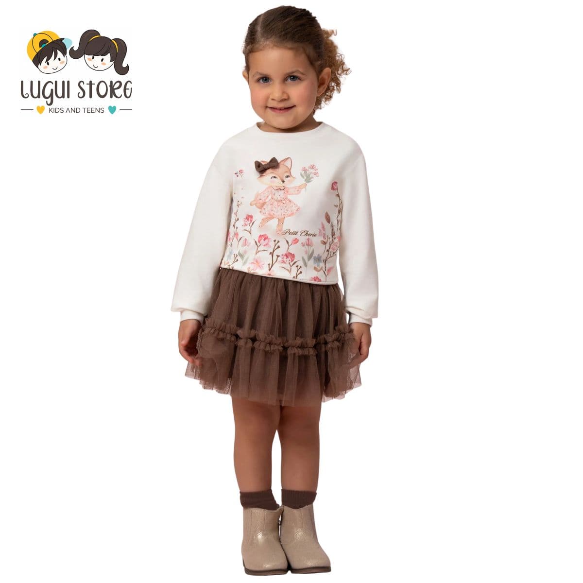 CONJUNTO DE MOLETOM ESTAMPA RAPOZINHA E SAIA DE TULE PETIT CHERIE
