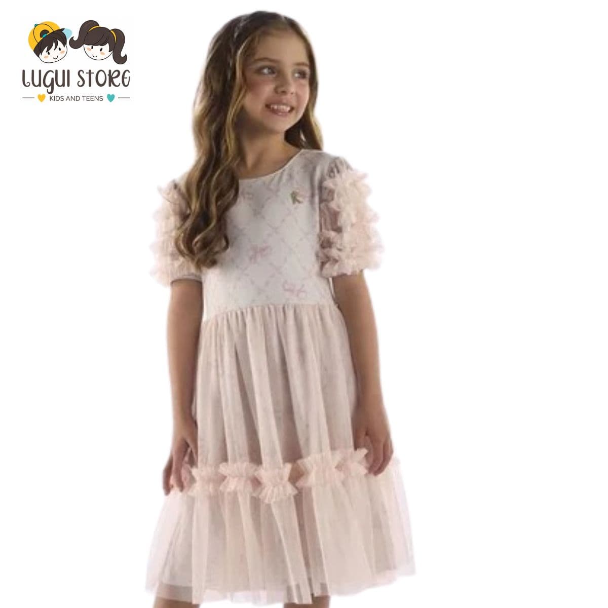 Vestido Rosa com Estampa Xadrez de Laços Kiki Xodó