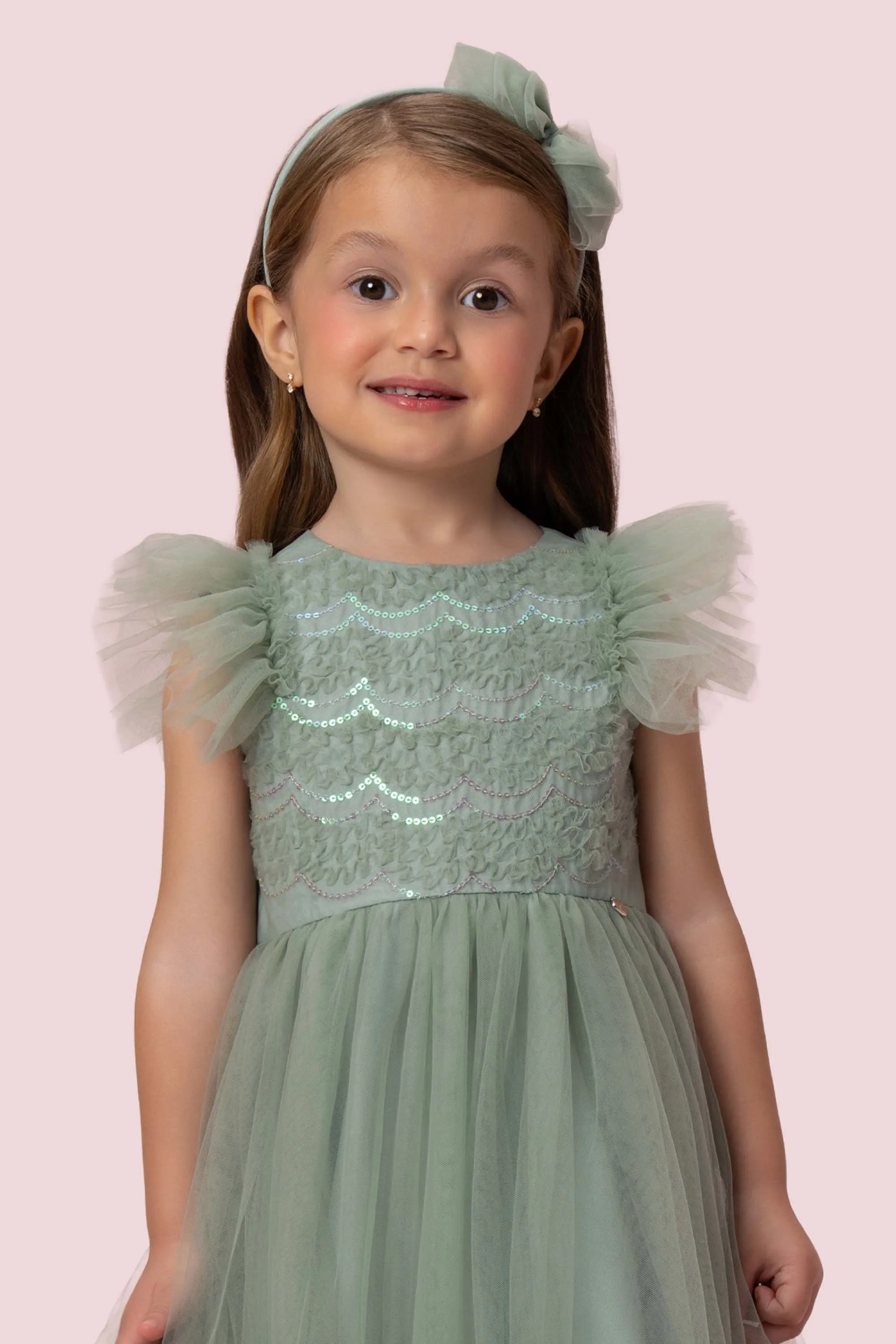 VESTIDO DE FESTA EM TULE COM BORDADO DE PAETÊS