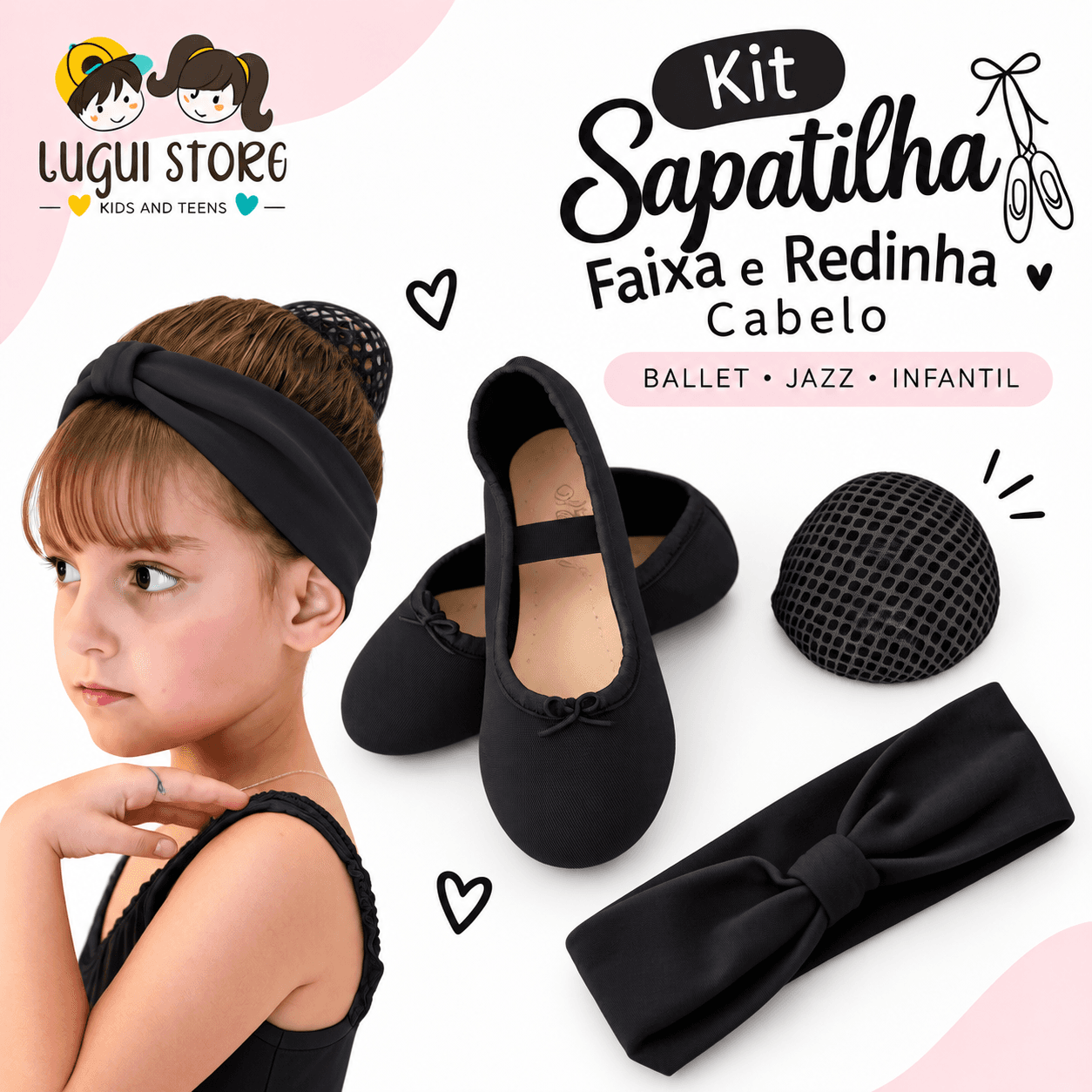 Kit Sapatilha Faixa E Redinha Cabelo Ballet Jazz Infantil